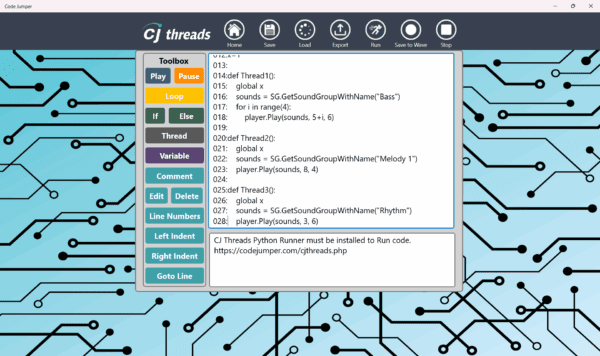A screenshot of the CJ Threads section of the Code Jumper app. The background is light blue with decoration that looks like a motherboard. On the left side of the screen is the CJ Threads toolbox with colorful buttons that mimic Code Jumper pods, like Play, Pause, and Loop, as well as more advanced Python commands.