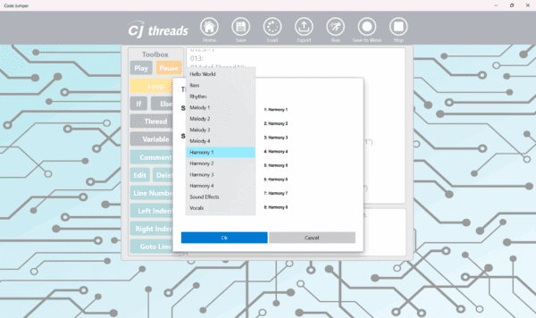 A screenshot of the CJ Threads section of the Code Jumper app where the user is navigating through a new soundset with a variety of melody and harmony sounds.