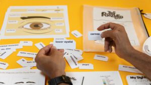 Two hands holding up the white vocabulary cards included in the My Sight kit with other kit components in the background. The hands are holding cards that say, 