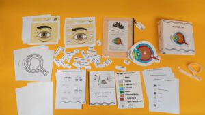 All the components included in the My Sight kit laid out on a yellow background.