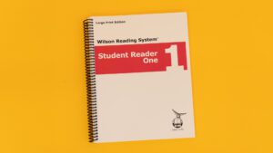 The large print edition of the WRS student reader one with a red stripe across the cover.