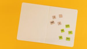 The WRS-IV magnetic journal opened to show a variety of magnetic tiles in peach and lime green. Each tile has both large print and braille text.