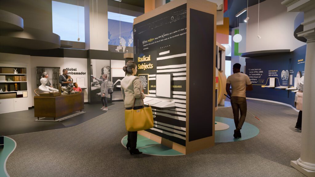 A rendering shows Museum exhibits around a large room.