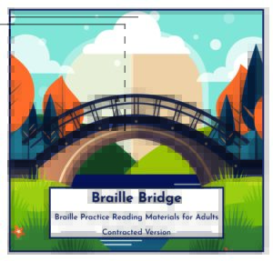 A geometric illustration of a bridge over a river with orange trees and green hills in the background. In a white rectangle at the bottom of the page, there is text that reads, 