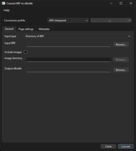 A screenshot of the eBraille converter interface.