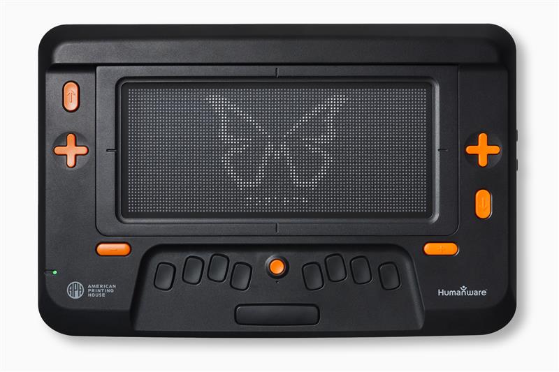 A Monarch device sits against a white background with a tactile image of the Monarch on the display.