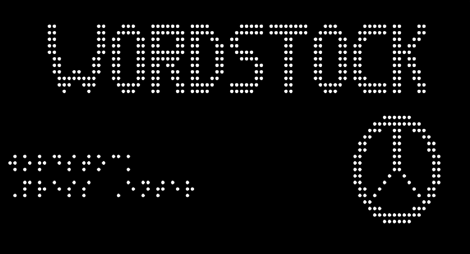title-rev A screenshot of the Monarch Wordstock app opening screen. In large print letters, it reads "WORDSTOCK" with a tactile peace symbol in the bottom right corner. In the bottom left are braille menu options.