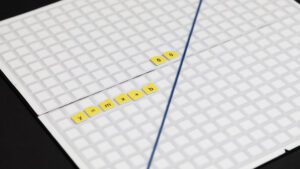 An AnyMath grid board with a blue tactile line constructed that goes through the point (0,0). The point and the formula 