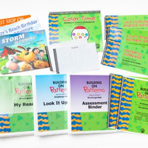The components of the Building On Patterns Kindergarten, Second Edition Student Kit on a white background, including a stack of print storybooks, their BOP braille companions, a coloring book, a parent booklet, and three binders.