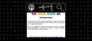 A screenshot of the home page of the Embossable Word Search website. Across the top is a header with the name of the site and buttons with options that include 