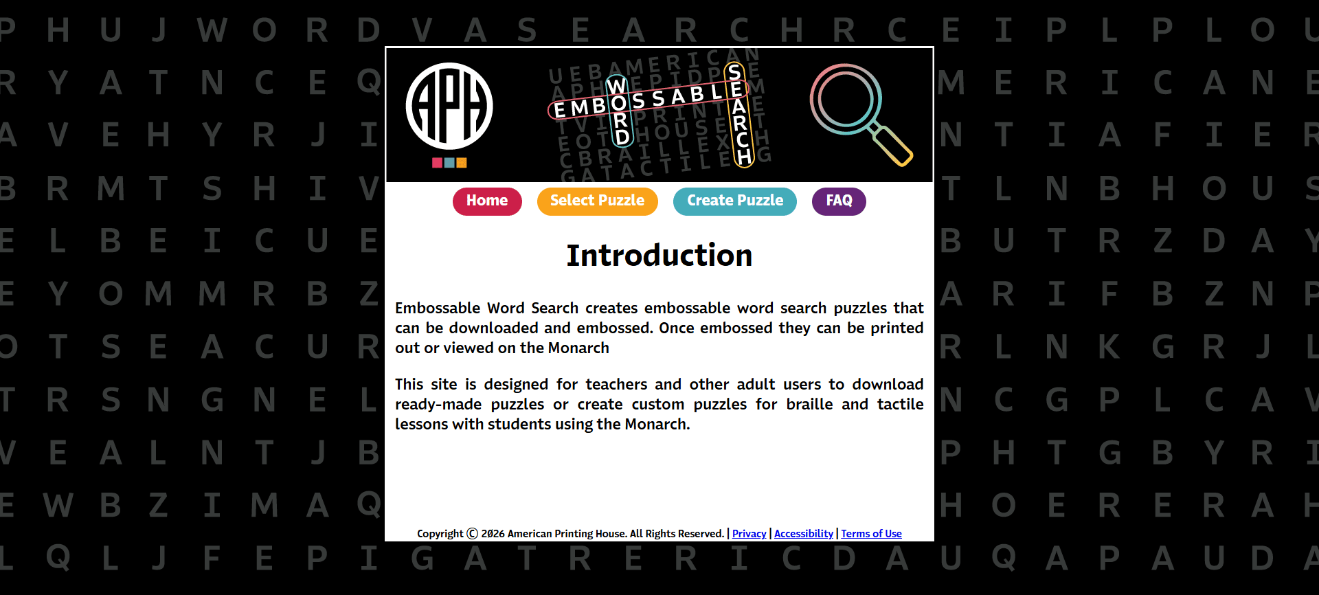 Embossable Word Search A screenshot of the home page of the Embossable Word Search website. Across the top is a header with the name of the site and buttons with options that include "home," "select puzzle," "create puzzle," and "FAQ."
