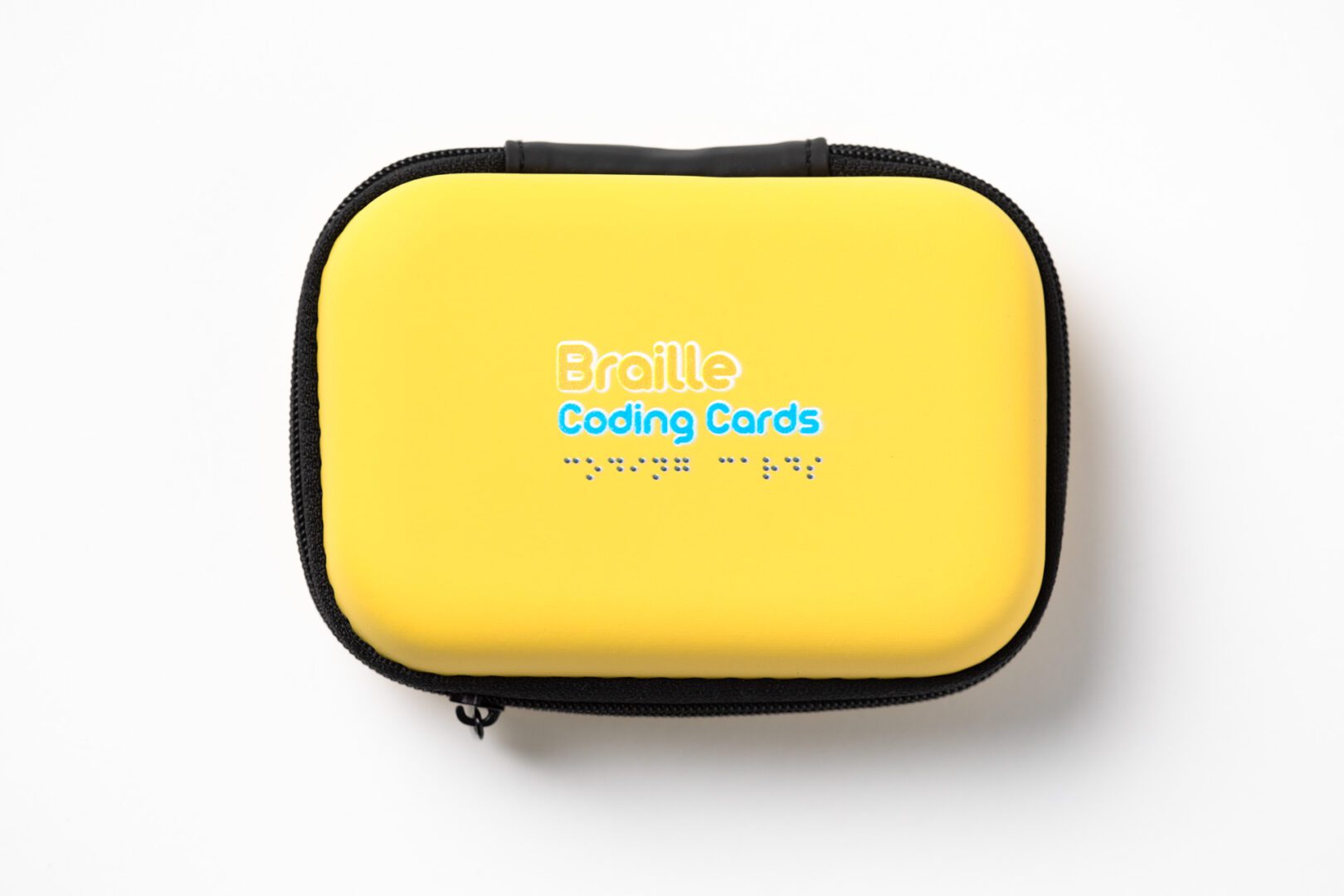 The yellow KaiBot card-carrying pouch that reads "Coding Cards" in print and braille.