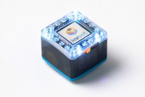 The KaiBot robot with the lights on top illuminated.