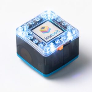 The KaiBot robot with the lights on top illuminated.