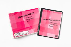 The Word Playhouse binder and bifold board arranged next to each other on a white background. The pink geometric covers read 